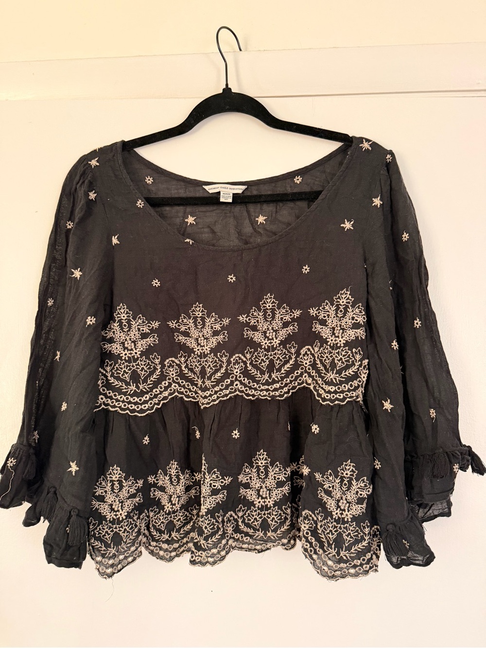 American Eagle Embroidered Black Peasant Blouse - Women